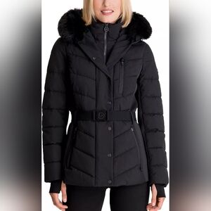 Michael Kors Women's Faux Fur Hooded Puffer Scuba Belted Coat Jacket - NWT